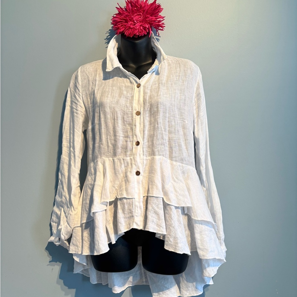 White Ruffled High-Low Button Down Shirt - Picture 2 of 9